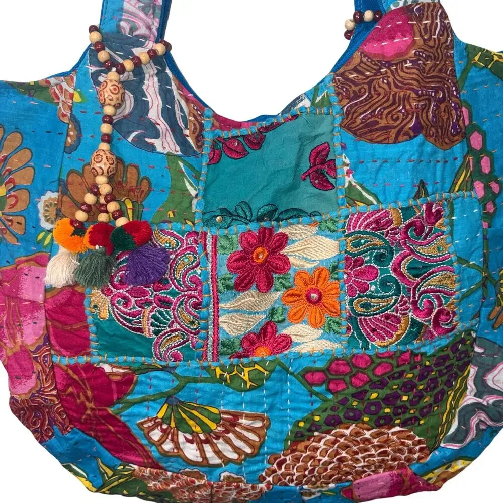 Tribe Azure Boho Patchwork Oversized Tote Bag Blue Handcrafted Embroidered - Picture 4 of 10